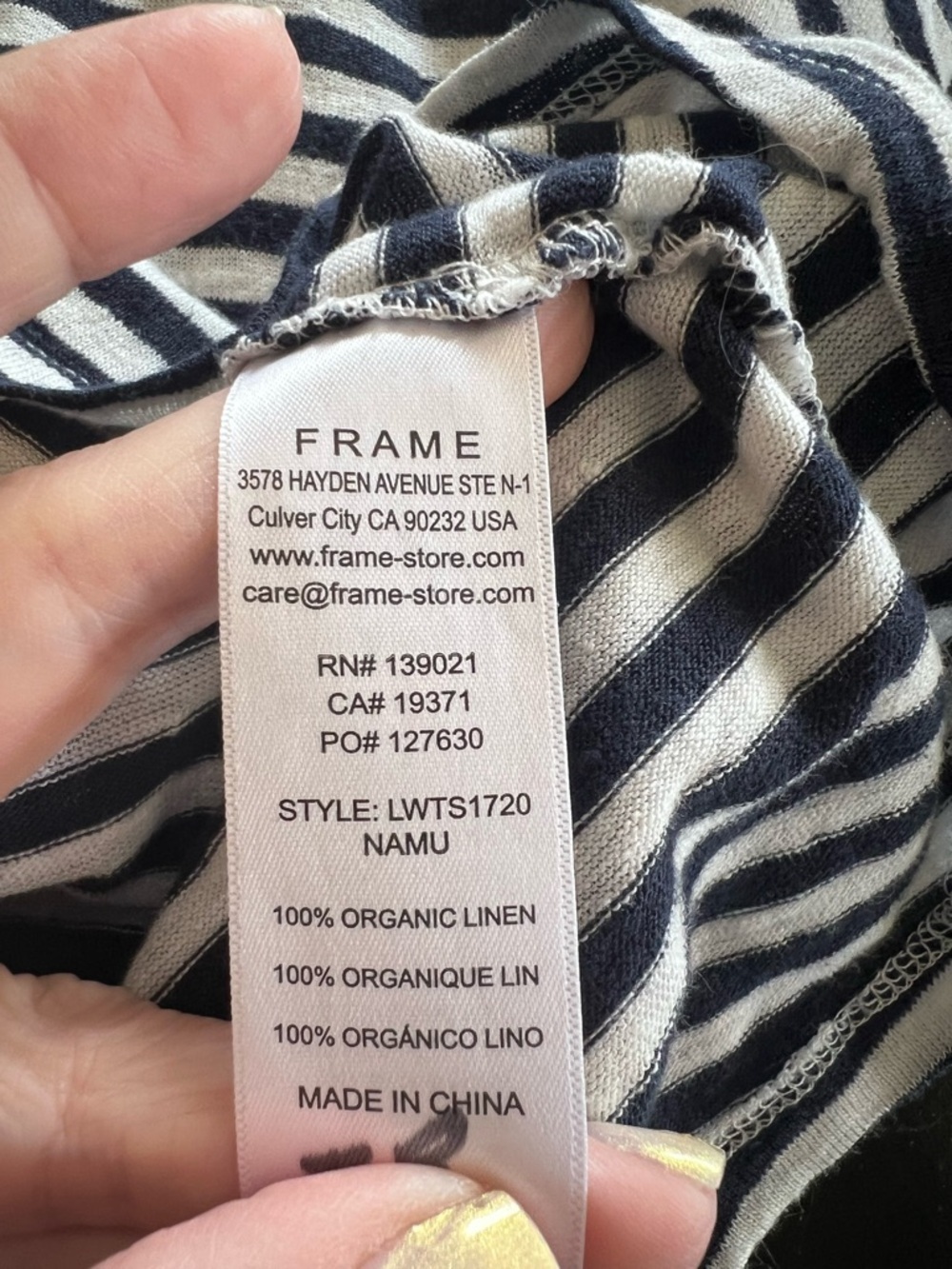 FRAME Striped Linen Tee Blue White Scoop Neck Raw Edge Top Organic Linen - Picture 3 of 9